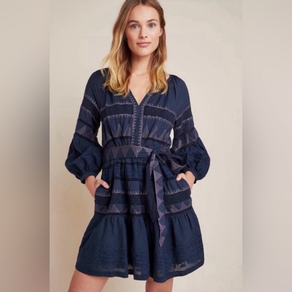 Anthropologie Blue Embroidered Crochet &Lace Detail Belted Dress Size M